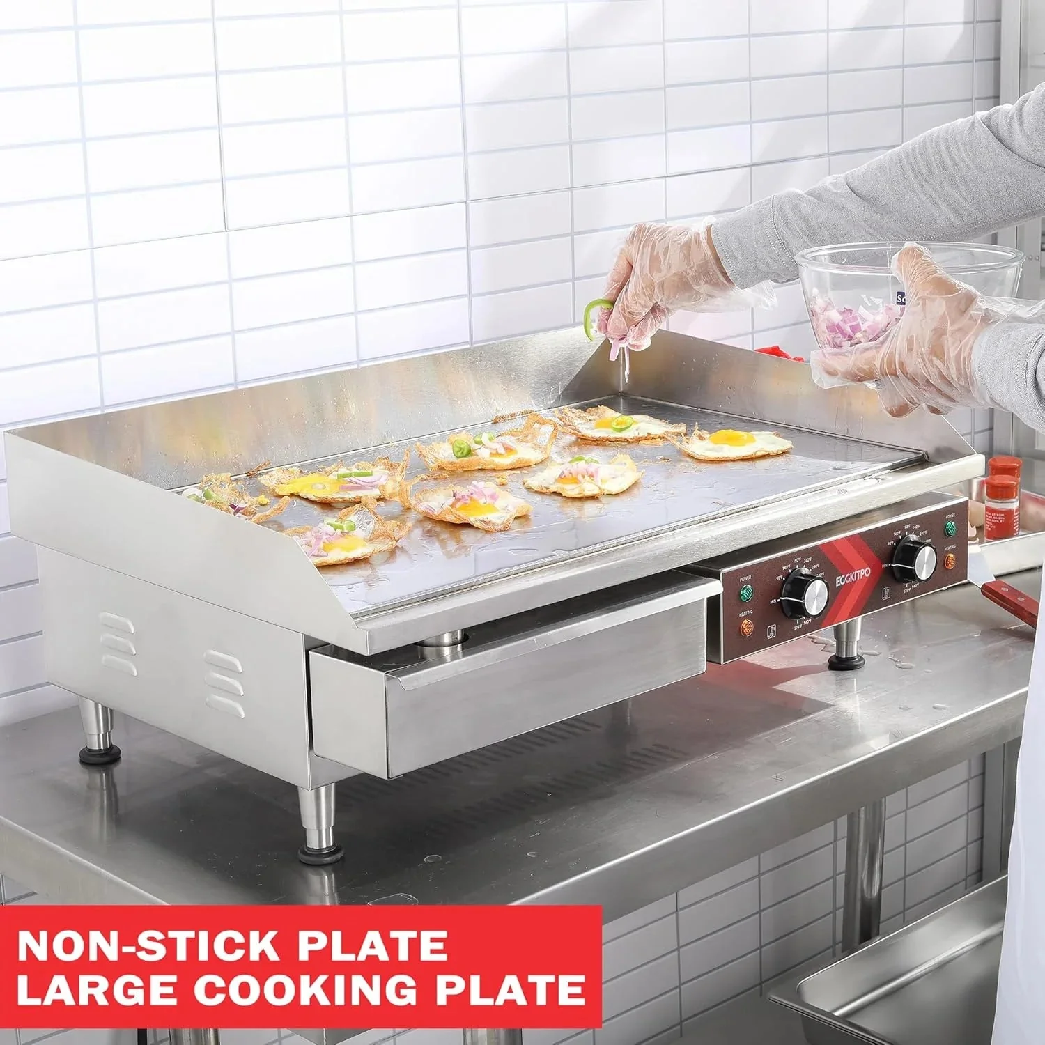 14 Inch Electric Griddle, Non-Stick Flat Top Grill Commercial Electric Countertop Griddles Stainless Steel Adjustable Temperature Control 90F-575F for Home or Restaurant Use - Image 5