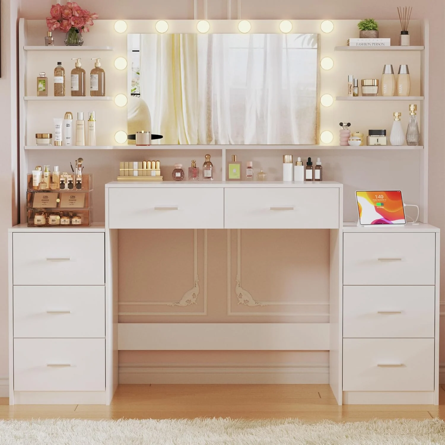 Fixwal 54.3" Professional Makeup Vanity Table with 8 Drawers, LED Hollywood Mirror & Charging Station, White - Image 7