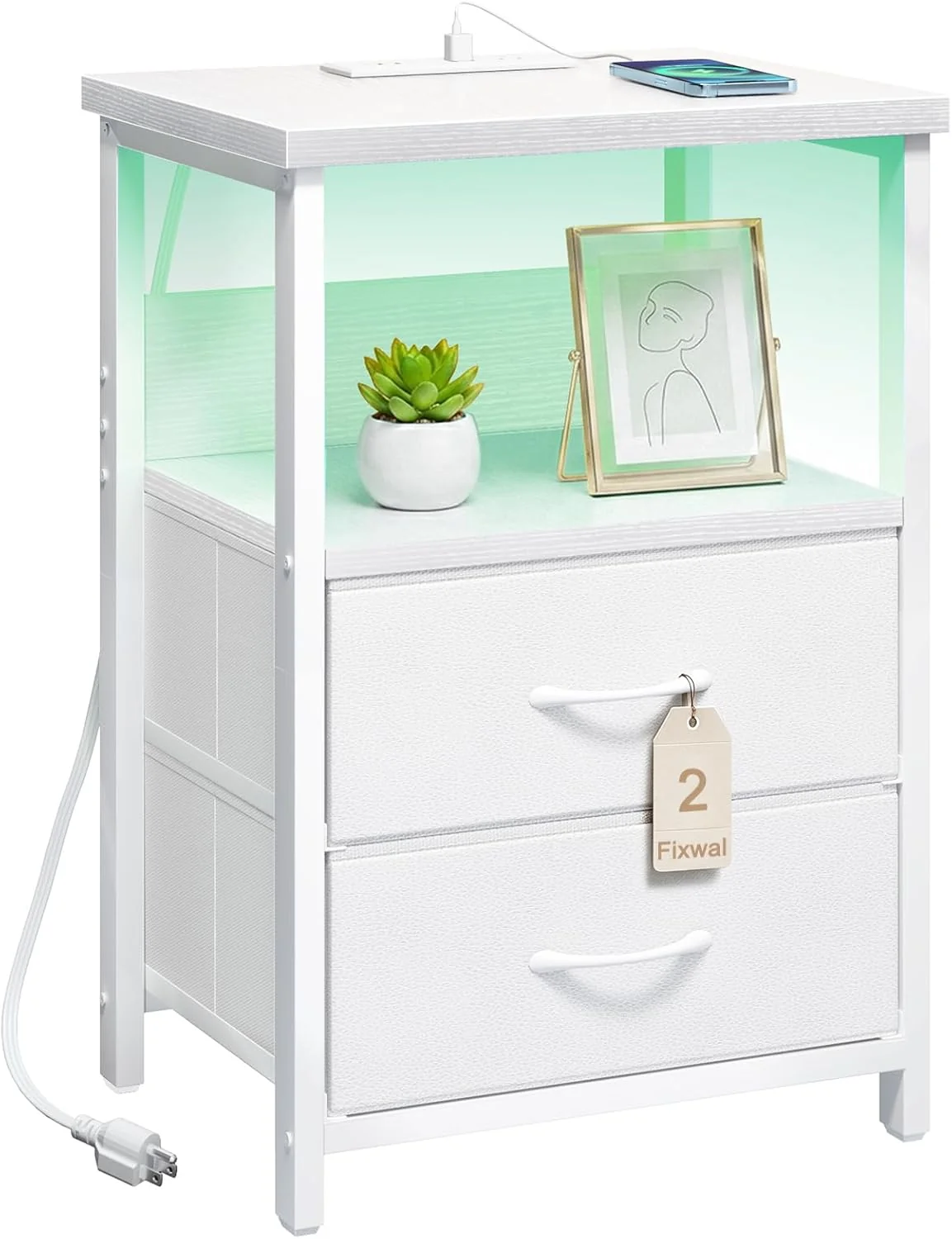 White LED Nightstand with Charging Station, 2 Fabric Drawers & Open Shelf - Image 3