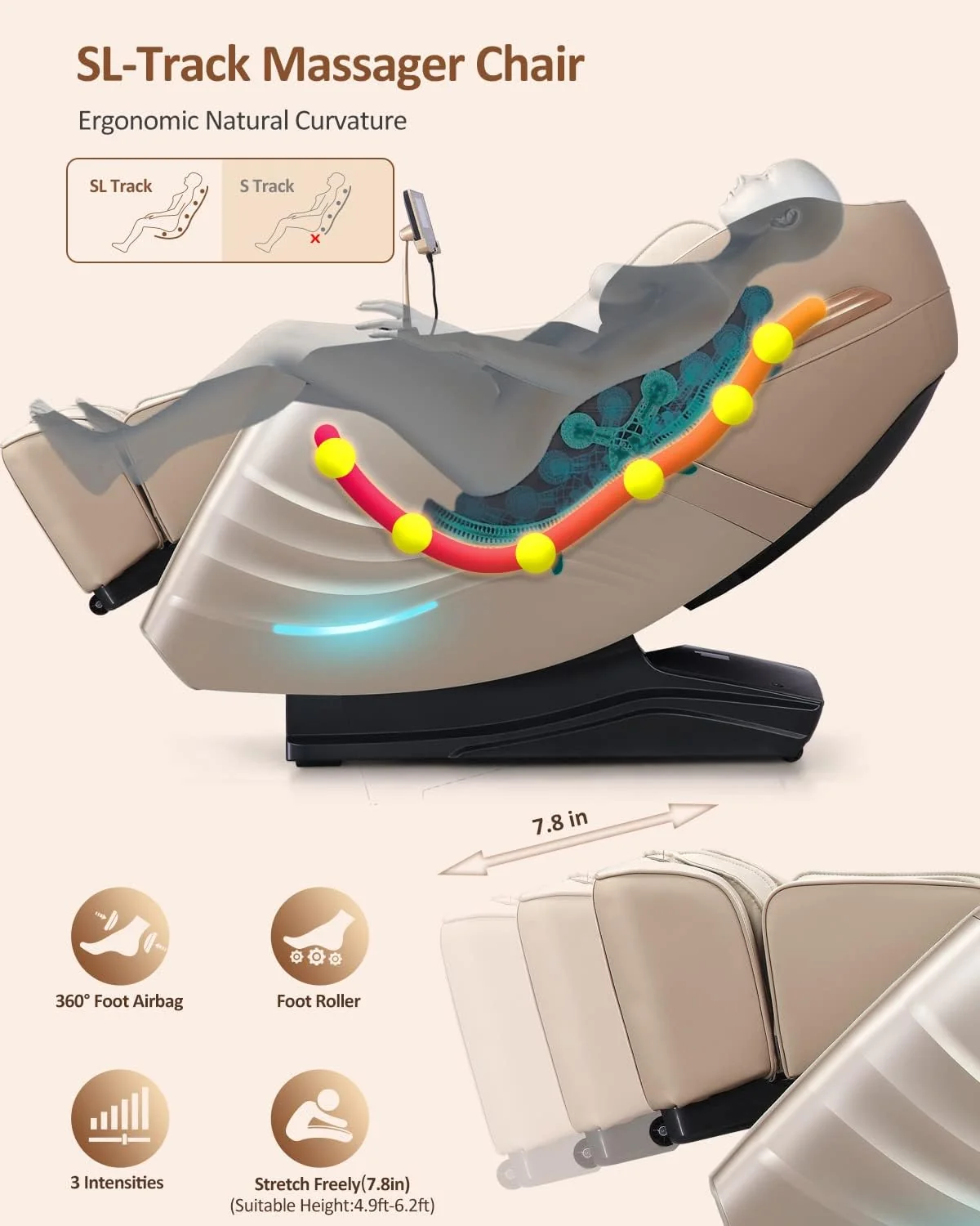 RELX Full Body Zero Gravity SL-Track Shiatsu Massage Chair, Cream - Image 7