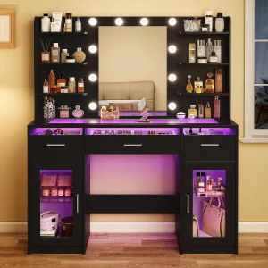 Fixwal Black Luxury Makeup Vanity Table with Tempered Glass Top, LED Mirror & RGB Lighting