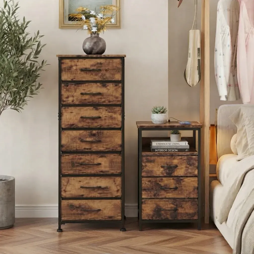 Rustic Nightstand & Tall Dresser Set, 10 Fabric Drawers, Charging Station, Bedroom Storage