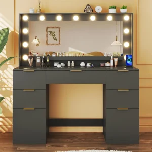 Fixwal Vanity Desk, 45.3in Makeup Vanity with 7 Drawers & Large Mirror, Black Vanity Desk for Bedroom