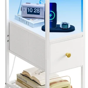Fixwal Narrow Side Table with Charging Station and LED Light, Skinny Nightstand with 2 Fabric Drawers, Slim End Table for Bedroom, Dorm, Small Space, White