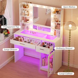 Fixwal Vanity Desk with Mirror and Lights, Makeup Vanity Table with RGB Drawers, 3-Color LED Lighting, Tempered Glass Top, 6 Shelves, Power Outlet, 35.4"W x 15.7"L x 55.1"H