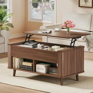 Fixwal 41" Lift Top Coffee Table with Storage, Walnut Mid Century Modern Coffee Table with Fluted Design