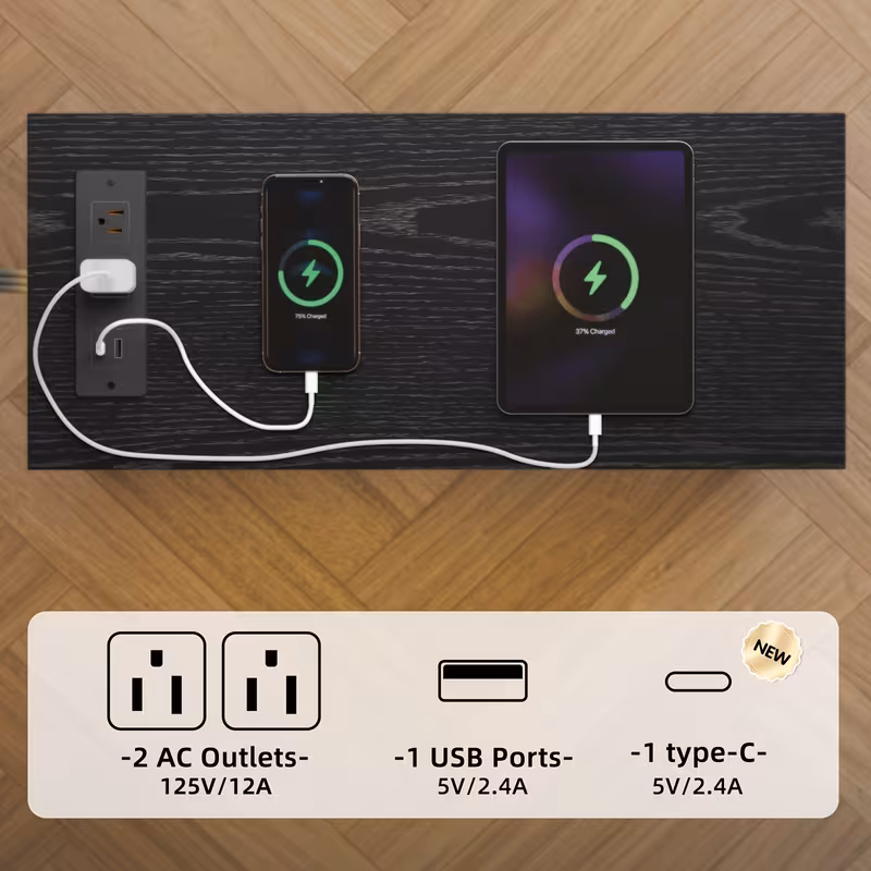 Narrow Nightstand with Charging Station & 2 Fabric Drawers | Fixwal