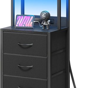 41 Inch Tall Nightstand with Charging Station, 3 Fabric Drawers, LED Lights & Open Shelves, Black