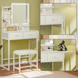 Fixwal Small Makeup Vanity Table with LED Mirror, 4 Drawers & Charging Station, White