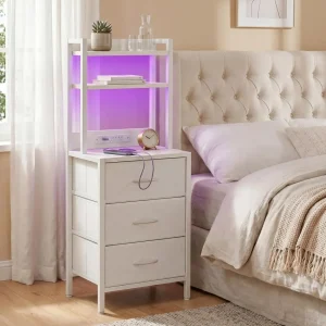 Tall White Nightstand with Charging Station, 3 Fabric Drawers, RGB LED & Bookshelf,White