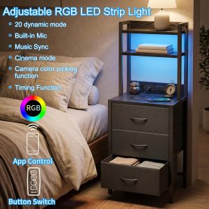 41 Inch Tall Nightstand with Charging Station, 3 Fabric Drawers, LED Lights & Open Shelves, Black