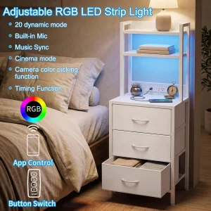 Tall White Nightstand with Charging Station, 3 Fabric Drawers, RGB LED & Bookshelf,White