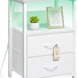 White LED Nightstand with Charging Station, 2 Fabric Drawers & Open Shelf