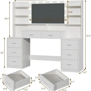 Fixwal 54.3" Professional Makeup Vanity Table with 8 Drawers, LED Hollywood Mirror & Charging Station, White
