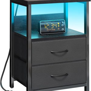 Black LED Nightstand with Charging Station, 2 Fabric Drawers & Open Shelves