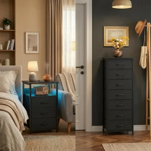 Black Nightstand & Tall Dresser Set, LED Nightstand with Charging Station, 10 Drawers