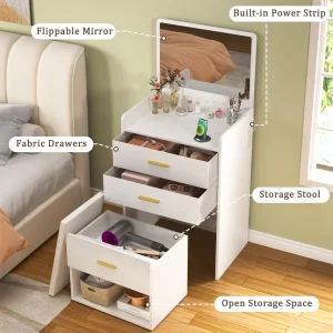 Fixwal 3-in-1 Vanity Desk with Flip-up Mirror, Fabric Drawers & Integrated Charging Station