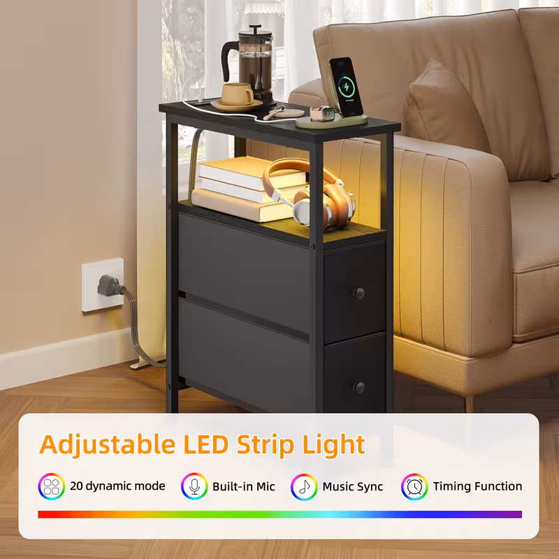 Narrow Nightstand with Charging Station & 2 Fabric Drawers | Fixwal