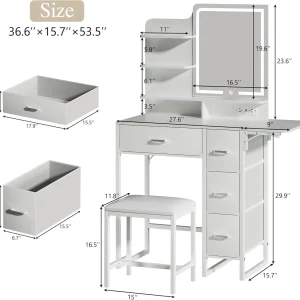 Fixwal 36.6" Makeup Vanity Table with 4 Drawers, LED Lighted Mirror & Charging Station