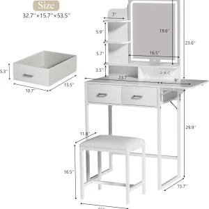 Fixwal Small Makeup Vanity Table with LED Mirror, 4 Drawers & Charging Station, White