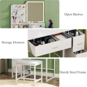 Fixwal 36.6" Makeup Vanity Table with 4 Drawers, LED Lighted Mirror & Charging Station