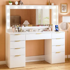 Fixwal 45.3" White Makeup Vanity Table with 9 Drawers, LED Lighted Mirror & Power Outlet