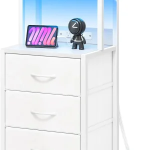 Tall White Nightstand with Charging Station, 3 Fabric Drawers, RGB LED & Bookshelf,White