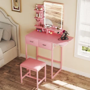Fixwal 3-in-1 Compact Makeup Vanity Desk with Foldable Side Panel, LED Mirror & Power Outlet