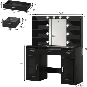 Fixwal Black Luxury Makeup Vanity Table with Tempered Glass Top, LED Mirror & RGB Lighting