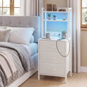 Tall White Nightstand with Charging Station, 3 Fabric Drawers, RGB LED & Bookshelf,White