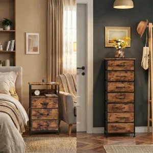 Rustic Nightstand & Tall Dresser Set, 10 Fabric Drawers, Charging Station, Bedroom Storage