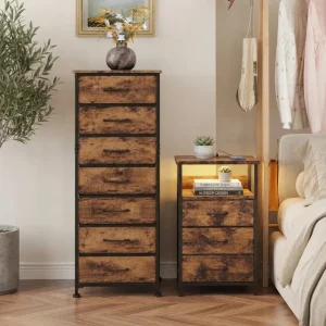 Rustic Nightstand & Tall Dresser Set, LED Nightstand with Charging Station, 10 Drawers