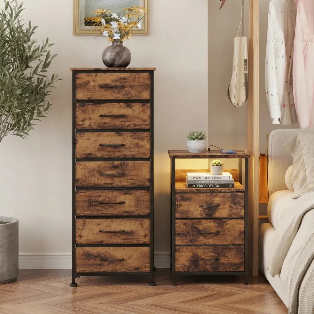 Rustic Nightstand & Tall Dresser Set, LED Nightstand with Charging Station, 10 Drawers