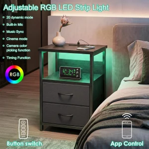 Black LED Nightstand with Charging Station, 2 Fabric Drawers & Open Shelves