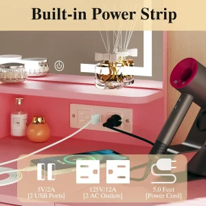 Fixwal 3-in-1 Compact Makeup Vanity Desk with Foldable Side Panel, LED Mirror & Power Outlet