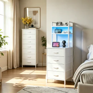 White Nightstand & Dresser Set, 47 Inch Tall LED Nightstand, 10 Drawers