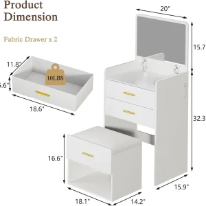 Fixwal 3-in-1 Vanity Desk with Flip-up Mirror, Fabric Drawers & Integrated Charging Station