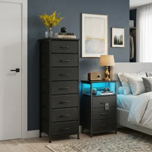 Black Nightstand & Tall Dresser Set, LED Nightstand with Charging Station, 10 Drawers