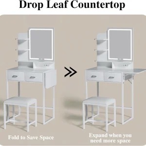 Fixwal Small Makeup Vanity Table with LED Mirror, 4 Drawers & Charging Station, White