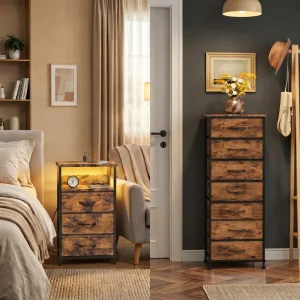 Rustic Nightstand & Tall Dresser Set, LED Nightstand with Charging Station, 10 Drawers