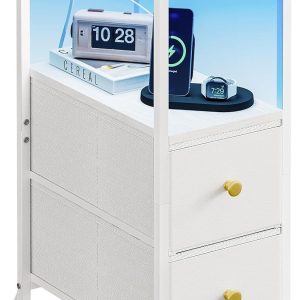 Fixwal Narrow Side Table with Charging Station and LED Light, Skinny Nightstand with 2 Fabric Drawers, Slim End Table for Bedroom, Dorm, Small Space, White