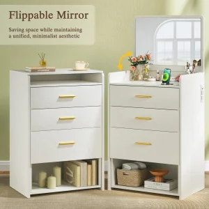 Fixwal 3-in-1 Vanity Desk with Flip-up Mirror, Fabric Drawers & Integrated Charging Station