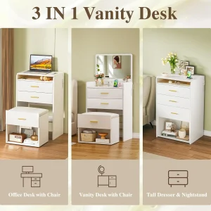Fixwal 3-in-1 Vanity Desk with Flip-up Mirror, Fabric Drawers & Integrated Charging Station