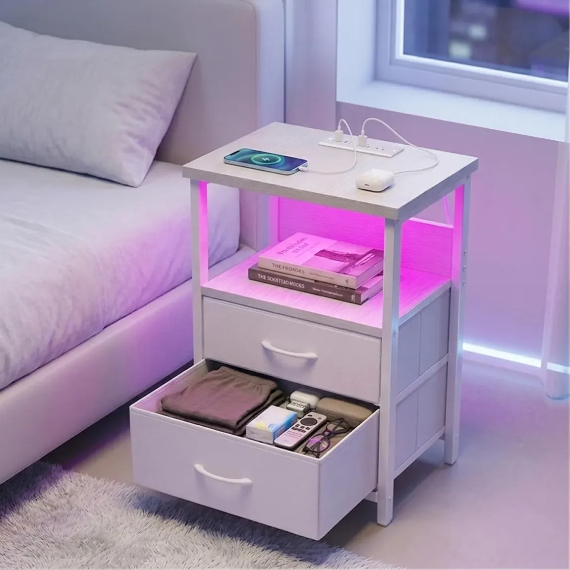 White LED Nightstand with Charging Station, 2 Fabric Drawers & Open Shelf