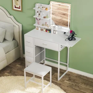 Fixwal 36.6" Makeup Vanity Table with 4 Drawers, LED Lighted Mirror & Charging Station