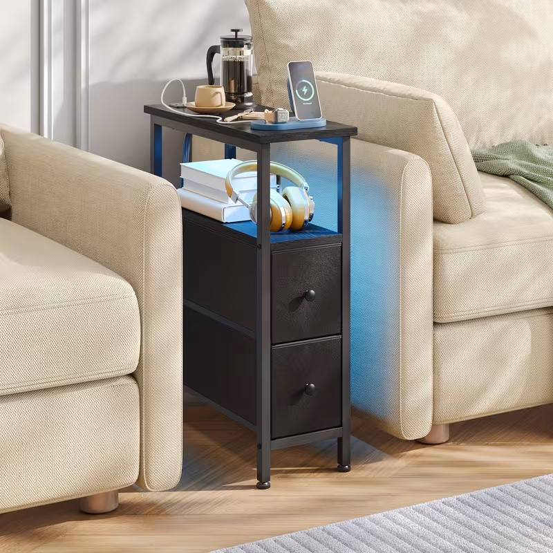 Narrow Nightstand with Charging Station & 2 Fabric Drawers | Fixwal
