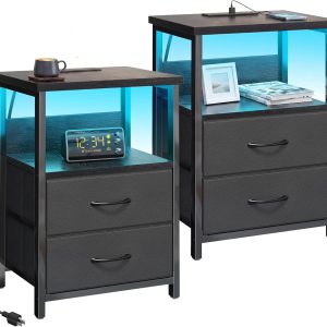 Black Nightstand Set of 2 with Charging Station, RGB LED & 2 Fabric Drawers