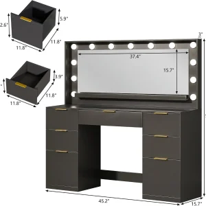 Fixwal Vanity Desk, 45.3in Makeup Vanity with 7 Drawers & Large Mirror, Black Vanity Desk for Bedroom