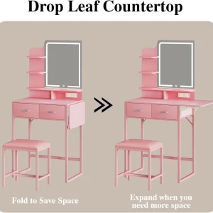 Fixwal 3-in-1 Compact Makeup Vanity Desk with Foldable Side Panel, LED Mirror & Power Outlet