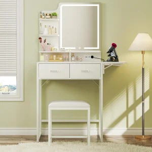 Fixwal Small Makeup Vanity Table with LED Mirror, 4 Drawers & Charging Station, White